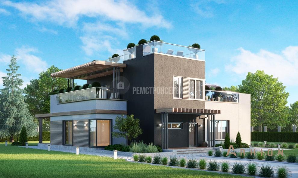 2. Проект двухэтажного дома в стиле хай-тек с плоской кровлей , t-39-01, площадью - 209 кв c терассой